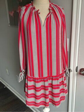 LOFT Striped Tunic Dress SP Bow Sleeves Drop Waist Coastal Preppy Chic